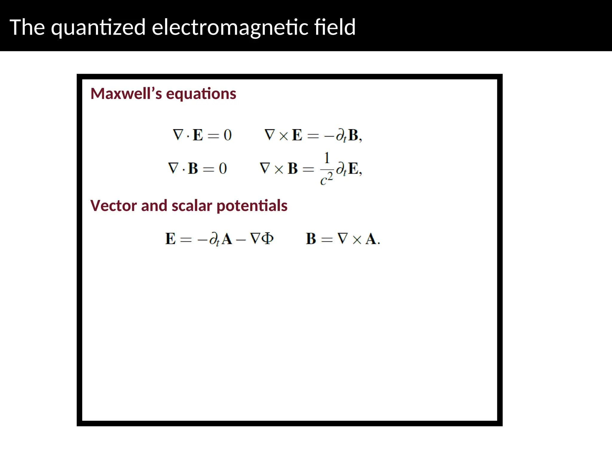 The quantized electromagnetic field
Maxwell’s equations
Vector and scalar potentials
 