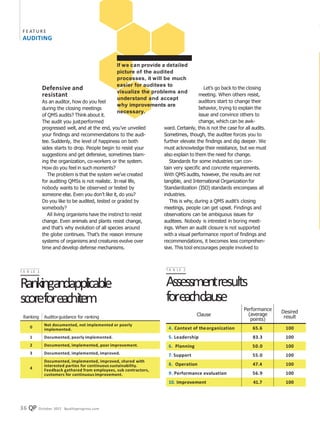 36 QP October 2017 ❘qualityprogress.com
F E AT UR E
AUDITING
Defensive and
resistant
As an auditor, how do you feel
during the closing meetings
of QMS audits? Think about it.
The audit you justperformed
progressed well, and at the end, you’ve unveiled
your findings and recommendations to the audi-
tee. Suddenly, the level of happiness on both
sides starts to drop. People begin to resist your
suggestions and get defensive, sometimes blam-
ing the organization, co-workers or the system.
How do you feel in such moments?
The problem is that the system we’ve created
for auditing QMSs is not realistic. Inreal life,
nobody wants to be observed or tested by
someone else. Even you don’t like it, do you?
Do you like to be audited, tested or graded by
somebody?
All living organisms have the instinct to resist
change. Even animals and plants resist change,
and that’s why evolution of all species around
the globe continues. That’s the reason immune
systems of organisms and creatures evolve over
time and develop defense mechanisms.
Let’s go back to the closing
meeting. When others resist,
auditors start to change their
behavior, trying to explain the
issue and convince others to
change, which can be awk-
ward. Certainly, this is not the case for all audits.
Sometimes, though, the auditee forces you to
further elevate the findings and dig deeper. We
must acknowledge their resistance, but we must
also explain to them the need for change.
Standards for some industries can con-
tain very specific and concrete requirements.
Wıth QMS audits, however, the results are not
tangible, and International Organization for
Standardization (ISO) standards encompass all
industries.
This is why, during a QMS audit’s closing
meetings, people can get upset. Findings and
observations can be ambiguous issues for
auditees. Nobody is intrested in boring meet-
ings. When an audit closure is not supported
with a visual performance report of findings and
recommendations, it becomes less comprehen-
sive. This tool encourages people involved to
TA B L E 1
Rankingandapplicable
scoreforeachitem
TA B L E 2
Assessmentresults
foreachclause
Ranking Auditorguidance for ranking
0 Not documented, not implemented or poorly
implemented.
1 Documented, poorly implemented.
2 Documented, implemented, poor improvement.
3 Documented, implemented, improved.
4
Documented, implemented, improved, shared with
interested parties for continuous sustainability.
Feedback gathered from employees, sub contractors,
customers for continuous improvement.
Clause
Performance
(average
points)
Desired
result
4. Context of theorganization 65.6 100
5. Leadership 83.3 100
6. Planning 50.0 100
7. Support 55.0 100
8. Operation 47.4 100
9. Performance evaluation 56.9 100
10. Improvement 41.7 100
If we can provide a detailed
picture of the audited
processes, it will be much
easier for auditees to
visualize the problems and
understand and accept
why improvements are
necessary.
 