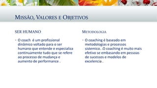 MISSÃO, VALORES E OBJETIVOS
SER HUMANO
 O coach é um profissional
dinâmico voltado para o ser
humano que entende e especializa
continuamente tudo que se refere
ao processo de mudança e
aumento de performance .
METODOLOGIA
 O coaching é baseado em
metodologias e processos
sistemico. .O coaching é muito mais
efetivo se embasando em pessoas
de sucessos e modelos de
excelencia .
 