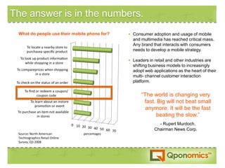 The answer is in the numbers.
 What do people use their mobile phone for?   • Consumer adoption and usage of mobile
                                                and multimedia has reached critical mass.
                                                Any brand that interacts with consumers
                                                needs to develop a mobile strategy.

                                              • Leaders in retail and other industries are
                                                shifting business models to increasingly
                                                adopt web applications as the heart of their
                                                multi- channel customer interaction
                                                platform.


                                                    “The world is changing very
                                                     fast. Big will not beat small
                                                      anymore. It will be the fast
                                                          beating the slow.”
                                                             - Rupert Murdoch,
                                                           Chairman News Corp.
 Source: North American         percentages
 Technographics Retail Online
 Survey, Q3 2008
 