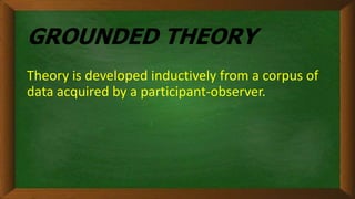 GROUNDED THEORY
Theory is developed inductively from a corpus of
data acquired by a participant-observer.
 