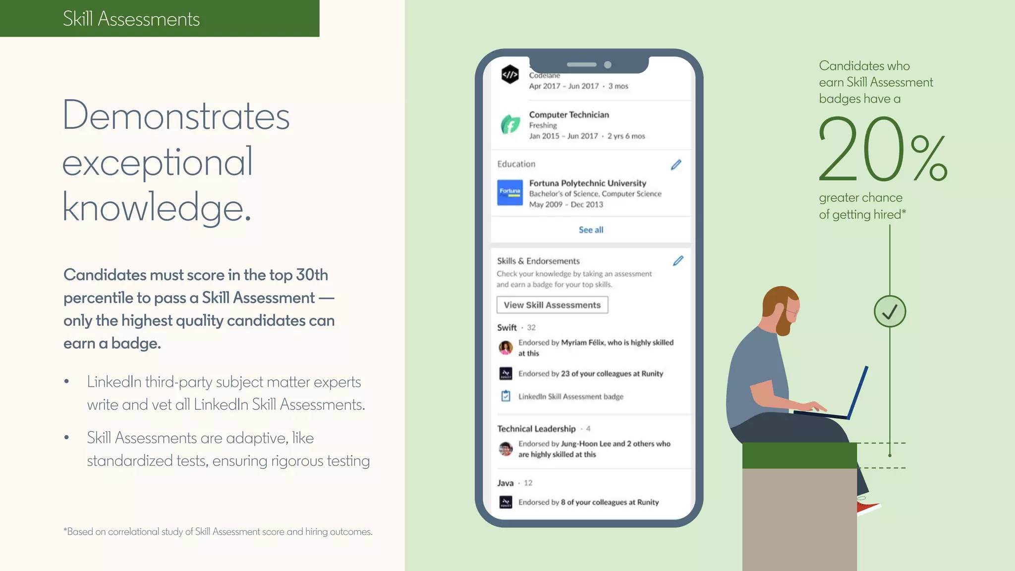 Candidates who
earn Skill Assessment
badges have a
greater chance
of getting hired*
Skill Assessments
*Based on correlational study of Skill Assessment score and hiring outcomes.
Candidates must score in the top 30th
percentile to pass a Skill Assessment —
only the highest quality candidates can
earn a badge.
• LinkedIn third-party subject matter experts
write and vet all LinkedIn Skill Assessments.
• Skill Assessments are adaptive, like
standardized tests, ensuring rigorous testing
Demonstrates
exceptional
knowledge.
20%
 
