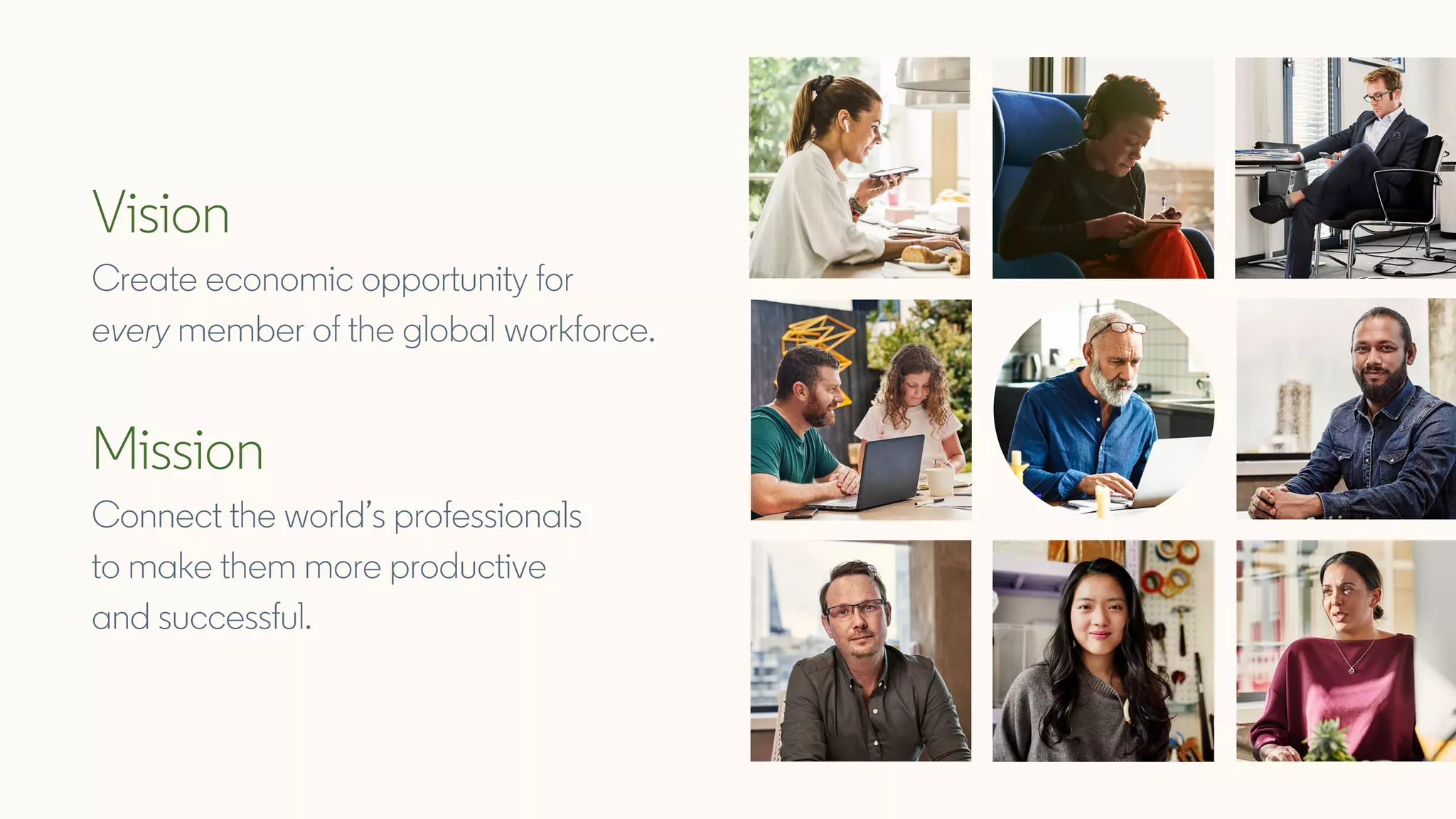 Vision
Create economic opportunity for
every member of the global workforce.
Mission
Connect the world’s professionals
to make them more productive
and successful.
 