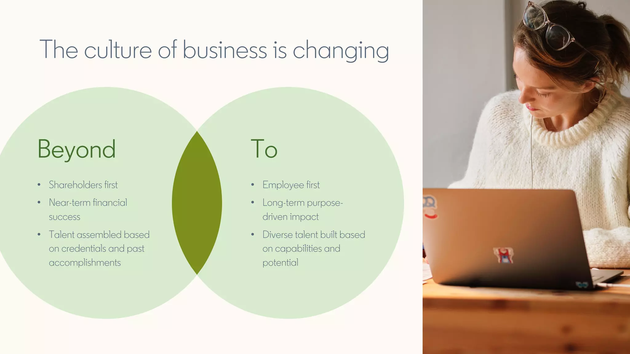 The culture of business is changing
Beyond
• Shareholders first
• Near-term financial
success
• Talent assembled based
on credentials and past
accomplishments
To
• Employee first
• Long-term purpose-
driven impact
• Diverse talent built based
on capabilities and
potential
 