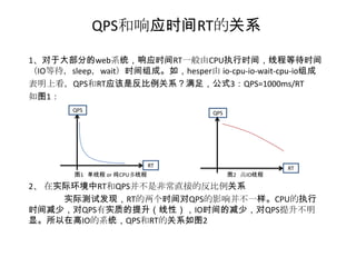 QPS和响应时间RT的关系

1、对于大部分的web系统，响应时间RT一般由CPU执行时间，线程等待时间
（IO等待，sleep，wait）时间组成。如，hesper由 io-cpu-io-wait-cpu-io组成
表明上看，QPS和RT应该是反比例关系？满足，公式3：QPS=1000ms/RT
如图1：
        QPS                       QPS




                            RT                     RT
        图1 单线程 or 纯CPU多线程               图2 高IO线程

2、 在实际环境中RT和QPS并不是非常直接的反比例关系
     实际测试发现，RT的两个时间对QPS的影响并不一样。CPU的执行
时间减少，对QPS有实质的提升（线性），IO时间的减少，对QPS提升不明
显。所以在高IO的系统，QPS和RT的关系如图2
 