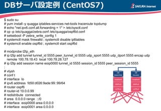 DBサーバ設定例 (CentOS7)
$ sudo su
# yum install -y quagga iptables-services net-tools traceroute tcpdump
# echo "net.ipv6.conf....