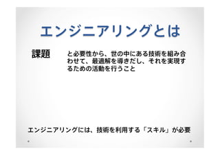 エンジニアリングとは
課題 と必要性から、世の中にある技術を組み合
わせて、最適解を導きだし、それを実現す
るための活動を行うこと
エンジニアリングには、技術を利用する「スキル」が必要
 