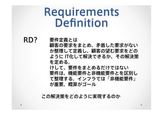 Requirements
Deﬁnition
RD? 要件定義とは
顧客の要求をまとめ、矛盾した要求がない
か整理して定義し、顧客の望む要求をどの
ように IT化して解決できるか、その解決策
を定める。
けして、要件をまとめるだけではない
要件は、機能要件と非機能要件とを区別し
て整理する。インフラでは「非機能要件」
が重要。概算がゴール
この解決策をどのように実現するのか
 