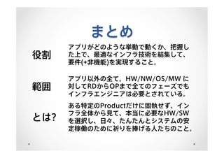 まとめ
役割
アプリがどのような挙動で動くか、把握し
た上で、最適なインフラ技術を結集して、
要件(+非機能)を実現すること。
範囲
アプリ以外の全て。HW/NW/OS/MW に
対してRDからOPまで全てのフェーズでも
インフラエンジニアは必要とされている。
とは?
ある特定のProductだけに固執せず、イン
フラ全体から見て、本当に必要なHW/SW
を選択し、日々、たんたんとシステムの安
定稼働のために祈りを捧げる人たちのこと。
 