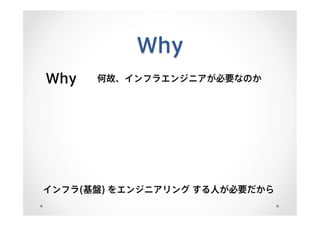 Why
Why 何故、インフラエンジニアが必要なのか
インフラ(基盤) をエンジニアリング する人が必要だから
 