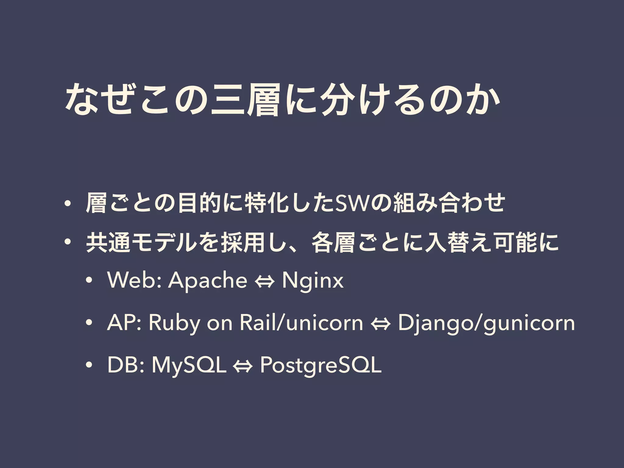 なぜこの三層に分けるのか
• 層ごとの目的に特化したSWの組み合わせ
• 共通モデルを採用し、各層ごとに入替え可能に
• Web: Apache Nginx
• AP: Ruby on Rail/unicorn Django/gunicorn
• DB: MySQL PostgreSQL
 