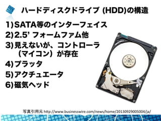 ハードディスクドライブ (HDD)の構造
1) SATA等のインターフェイス
2) 2.5 フォームファクタ
3) 見えないが、コントローラ
（マイコン）が存在
4) プラッタ
5) アクチュエータ
6) 磁気ヘッド
写真引用元	
  hYp://www.businesswire.com/news/home/20130929005004/ja/	
 