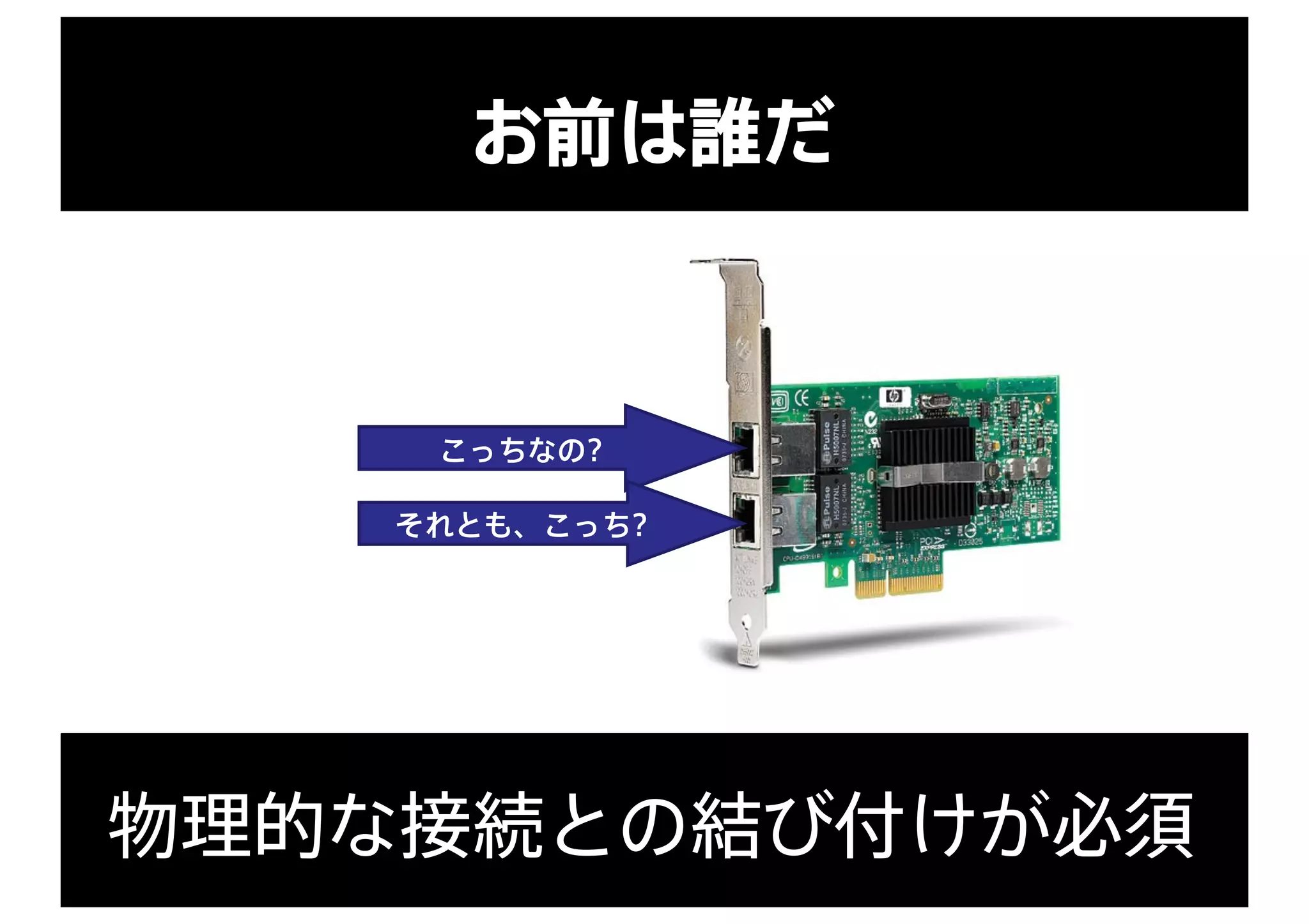 お前は誰だ
こっちなの?
それとも、こっち?
物理的な接続との結び付けが必須
 