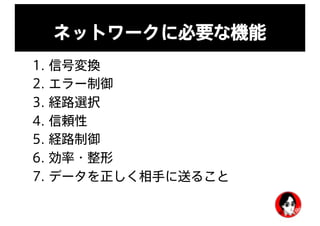 ネットワークに必要な機能
1. 信号変換
2. エラー制御
3. 経路選択
4. 信頼性
5. 経路制御
6. 効率・整形
7. データを正しく相手に送ること
 