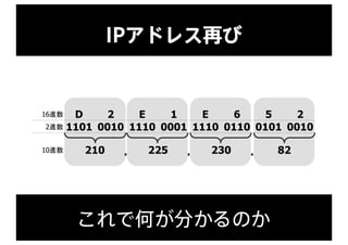 IPアドレス再び
16進数 D 2 E 1 E 6 5 2
2進数 1101 0010 1110 0001 1110 0110 0101 0010
10進数 210 225 230 82. . .
これで何が分かるのか
 