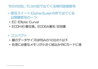 © 2015 Kenji Urushima All rights reserved.
•  暗号スイート(CipherSuite)の所で出てくる
公開鍵暗号の一つ
•  EC  (Elliptic  Curve)
•  ECDH(E)鍵交換、ECDSA署名/証明書
•  コンパクト
•  鍵のデータサイズはRSAの10分の1以下
•  処理に必要なメモリが小さく組込みやICカードに適
今日のSSL/TLSの話で出てくる楕円曲線暗号
 