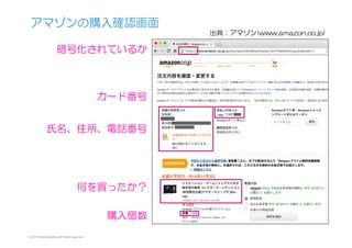 アマゾンの購入確認画面
© 2015 Kenji Urushima All rights reserved.
出典：アマゾン(www.amazon.co.jp)
暗号化されているか
氏名、住所、電話番号
何を買ったか？
カード番号
購入個数
 