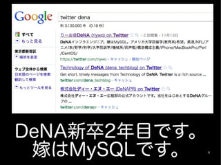 DeNA新卒2年目です。
 嫁はMySQLです。    4
 