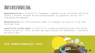 Ansvarsfordeling
Kampanjeansavarlig er ansvarlig for fremgangen i kampanjen og har overordnet kontroll på
ansatte i arbeidet. Personen har beslutningsmyndighet på avgjørelser som skal tas i
forbindelse med kampanjen
Økonomiansvarlig skal sette økonomiske rammer for kampanjen, og sørge for at man ikke
overtreder disse
Ansvarlig for sosiale medier er ansvarlig for innlegg og oppfølging på de ulike sosiale
mediene som skal tas i bruk. Personen skal også ta ansvar for kundekontakt i forbindelse
med disse sidene
Markedsansvarlig står for oppfølgingen i markedet, og har ansvar for måling i sosiale
medier.
 