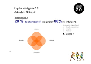 Loyalty Intelligence 2.0
      Azienda > Obiettivi

      Incrementare il

      20 % dei clienti (saloni) che genera l’ 80% del fatturato >)
                                                     Caratteristiche di questi Saloni
                                                     1.   Mentalità Imprenditoriale
                         FIDELIZZARE                 2.   Immagine
                                                     3.   Posizione


                                                     4. Viralità +


           ACQUISIRE                    SVILUPPARE




>>>
                         CONSOLIDARE
 