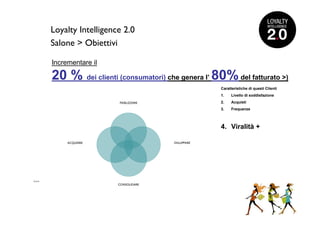 Loyalty Intelligence 2.0
      Salone > Obiettivi

      Incrementare il

      20 % dei clienti (consumatori) che genera l’ 80% del fatturato >)
                                                    Caratteristiche di questi Clienti
                                                    1.    Livello di soddisfazione
                         FIDELIZZARE                2.    Acquisti
                                                    3.    Frequenze



                                                    4. Viralità +

           ACQUISIRE                   SVILUPPARE




>>>
                         CONSOLIDARE
 