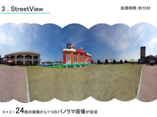 3 . StreetView                処理時間：約10分




8*3=   24枚の画像から１つのパノラマ画像が完成
 