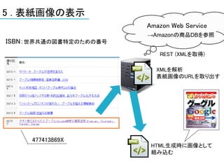 5 . 表紙画像の表示
                       Amazon Web Service
                       →Amazonの商品DBを参照
ISBN：世界共通の図書特定のための番号
                          REST (XMLを取得)

                         XMLを解析
                         表紙画像のURLを取り出す




     477413869X
                        HTML生成時に画像として
                        組み込む
 