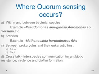 8
a) Within and between bacterial species.
Example –Pseudomonas aeruginosa,Aeromonas sp.,
Yersinia,etc.
b) Archaea
Example - Methanosaeta harundinacea 6Ac
c) Between prokaryotes and their eukaryotic host
a) Animal
b) Plant
d) Cross talk - Interspecies communication for antibiotic
resistance, virulence and biofilm formation
Where Quorum sensing
occurs?
 