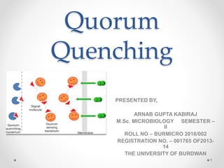 Quorum
Quenching
1
PRESENTED BY,
ARNAB GUPTA KABIRAJ
M.Sc. MICROBIOLOGY SEMESTER –
II
ROLL NO – BURMICRO 2016/002
REGISTRATION NO. – 001765 OF2013-
14
THE UNIVERSITY OF BURDWAN
 
