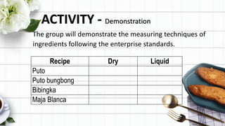 ACTIVITY - Demonstration
Recipe Dry Liquid
Puto
Puto bungbong
Bibingka
Maja Blanca
The group will demonstrate the measuring techniques of
ingredients following the enterprise standards.
 