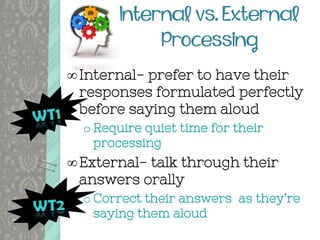 Internal- prefer to have their
responses formulated perfectly
before saying them aloud
o Require quiet time for their
processing
External- talk through their
answers orally
o Correct their answers as they’re
saying them aloud
 
