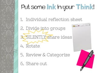 Put some Ink in your Think!
1. Individual reflection sheet
2. Divide into groups
3. SILENTLY share ideas
4. Rotate
5. Review & Categorize
6. Share out
 