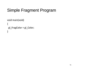 Simple Fragment Program
void main(void)
{
gl_FragColor = gl_Color;
}
10
 