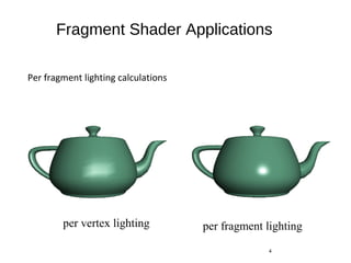 Fragment Shader Applications
Per fragment lighting calculations
4
per vertex lighting per fragment lighting
 