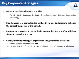 13
Key Corporate Strategies
 Focus on the chosen business portfolio
– FMCG; Hotels; Paperboards, Paper & Packaging; Agri Business, Information
Technology
 Blend diverse core competencies residing in various businesses to enhance
the competitive power of the portfolio
 Position each business to attain leadership on the strength of world class
standards in quality and costs
 Craft appropriate strategy of organisation and governance process to :
– Enable focus on each business and
– Harness diversity of portfolio to create unique sources of competitive advantage
 
