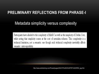 PRELIMINARY REFLECTIONS FROM PHRASE-I

   Metadata simplicity versus complexity




              http://www.arkshelving.com/Picsed/pages/SOUTH%20COUNTRY%20OPAC_jpg.htm
 