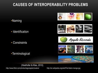 CAUSES OF INTEROPERABILITY PROBLEMS


       •Naming


       • Identification


       • Constraints


       •Terminological


                      (Haslhofer & Klas, 2010)
http://www.flickr.com/photos/tags/apple/clusters/   http://en.wikipedia.org/wiki/File:Adam-mange.jpg
 
