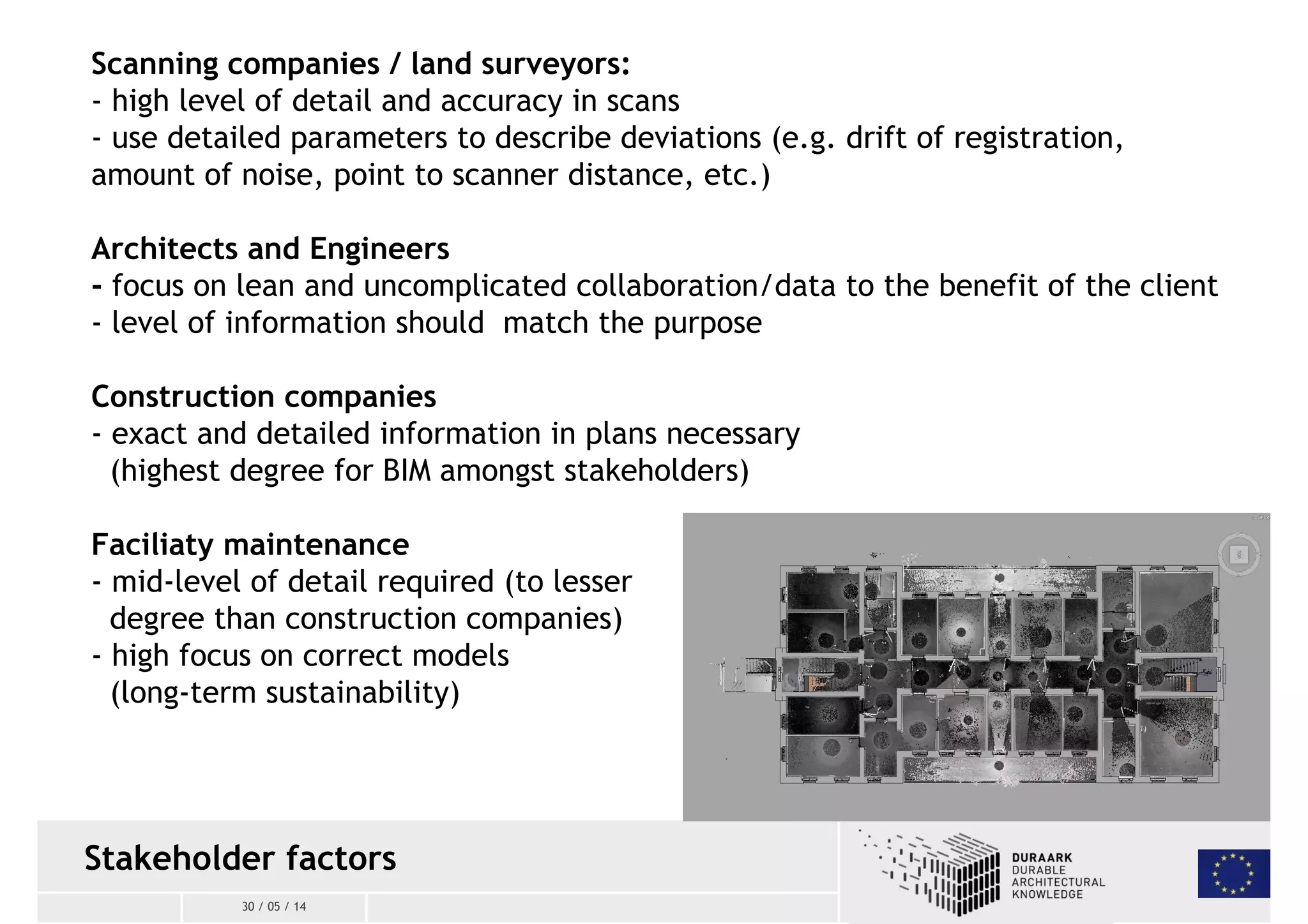 Scanning companies / land surveyors: 
- high level of detail and accuracy in scans 
- use detailed parameters to describe deviations (e.g. drift of registration, 
amount of noise, point to scanner distance, etc.) 
Architects and Engineers 
- focus on lean and uncomplicated collaboration/data to the benefit of the client 
- level of information should match the purpose 
Construction companies 
- exact and detailed information in plans necessary 
(highest degree for BIM amongst stakeholders) 
Faciliaty maintenance 
- mid-level of detail required (to lesser 
degree than construction companies) 
- high focus on correct models 
(long-term sustainability) 
Stakeholder factors 
30 / 05 / 14 
 