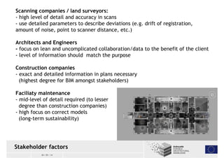 Scanning companies / land surveyors: 
- high level of detail and accuracy in scans 
- use detailed parameters to describe deviations (e.g. drift of registration, 
amount of noise, point to scanner distance, etc.) 
Architects and Engineers 
- focus on lean and uncomplicated collaboration/data to the benefit of the client 
- level of information should match the purpose 
Construction companies 
- exact and detailed information in plans necessary 
(highest degree for BIM amongst stakeholders) 
Faciliaty maintenance 
- mid-level of detail required (to lesser 
degree than construction companies) 
- high focus on correct models 
(long-term sustainability) 
Stakeholder factors 
30 / 05 / 14 
 