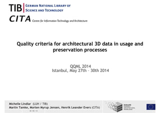 Quality criteria for architectural 3D data in usage and 
30 / 05 / 14 
preservation processes 
QQML 2014 
Istanbul, May 27th – 30th 2014 
Michelle Lindlar (LUH / TIB) 
Martin Tamke, Morten Myrup Jensen, Henrik Leander Evers (CITA) 
 