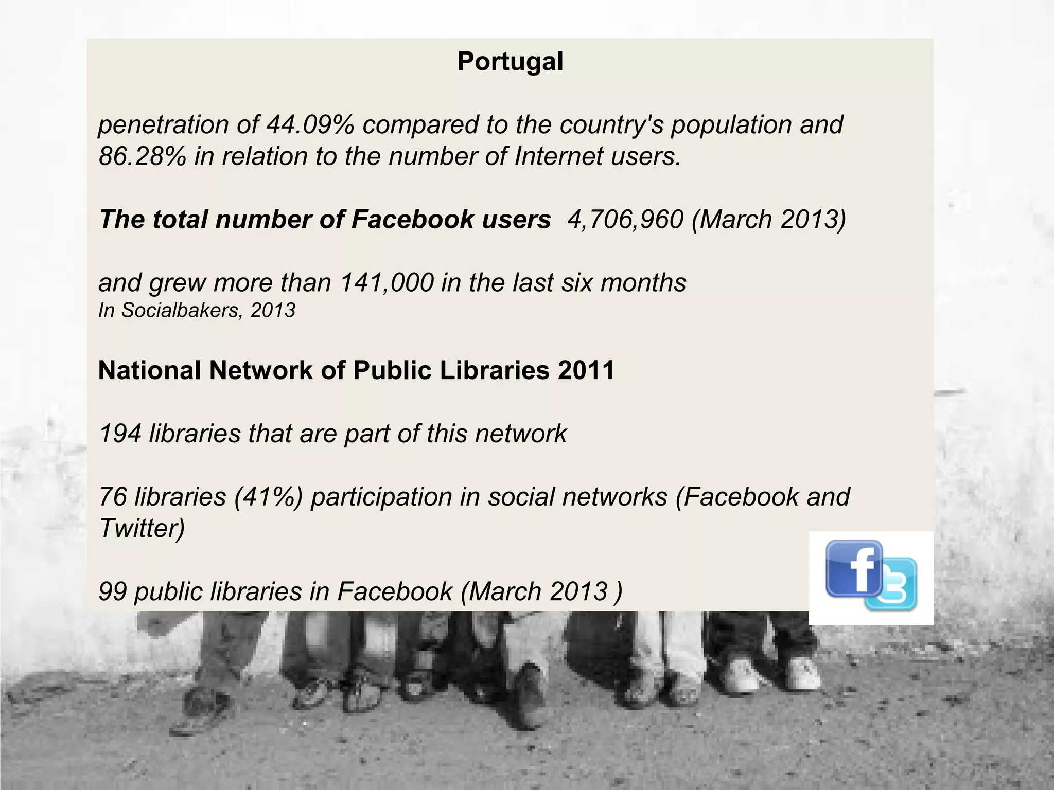 17
Portugal
penetration of 44.09% compared to the country's population and
86.28% in relation to the number of Internet users.
The total number of Facebook users 4,706,960 (March 2013)
and grew more than 141,000 in the last six months
In Socialbakers, 2013
National Network of Public Libraries 2011
194 libraries that are part of this network
76 libraries (41%) participation in social networks (Facebook and
Twitter)
99 public libraries in Facebook (March 2013 )
 