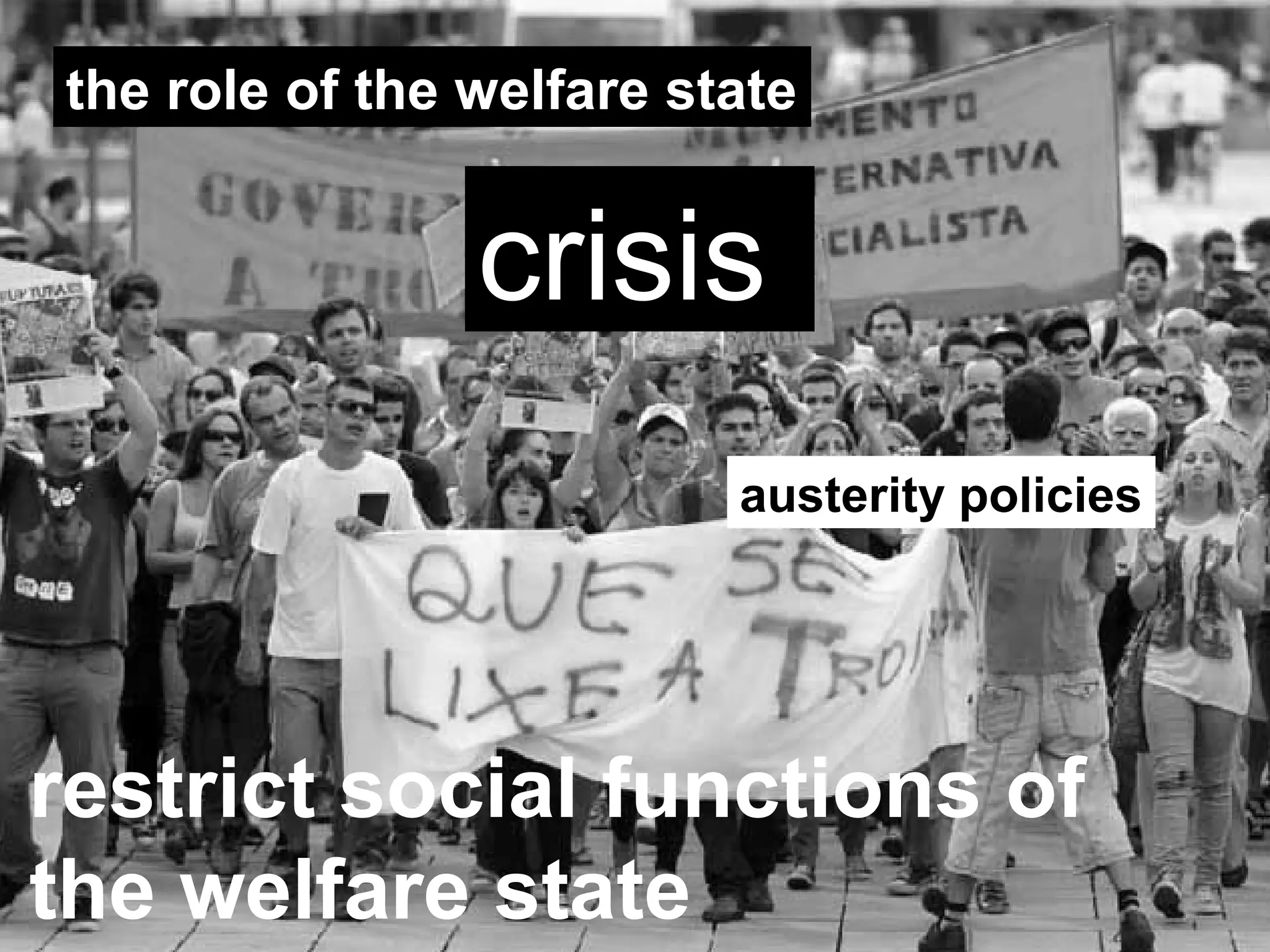 the role of the welfare state
crisis
restrict social functions of
the welfare state
austerity policies
 