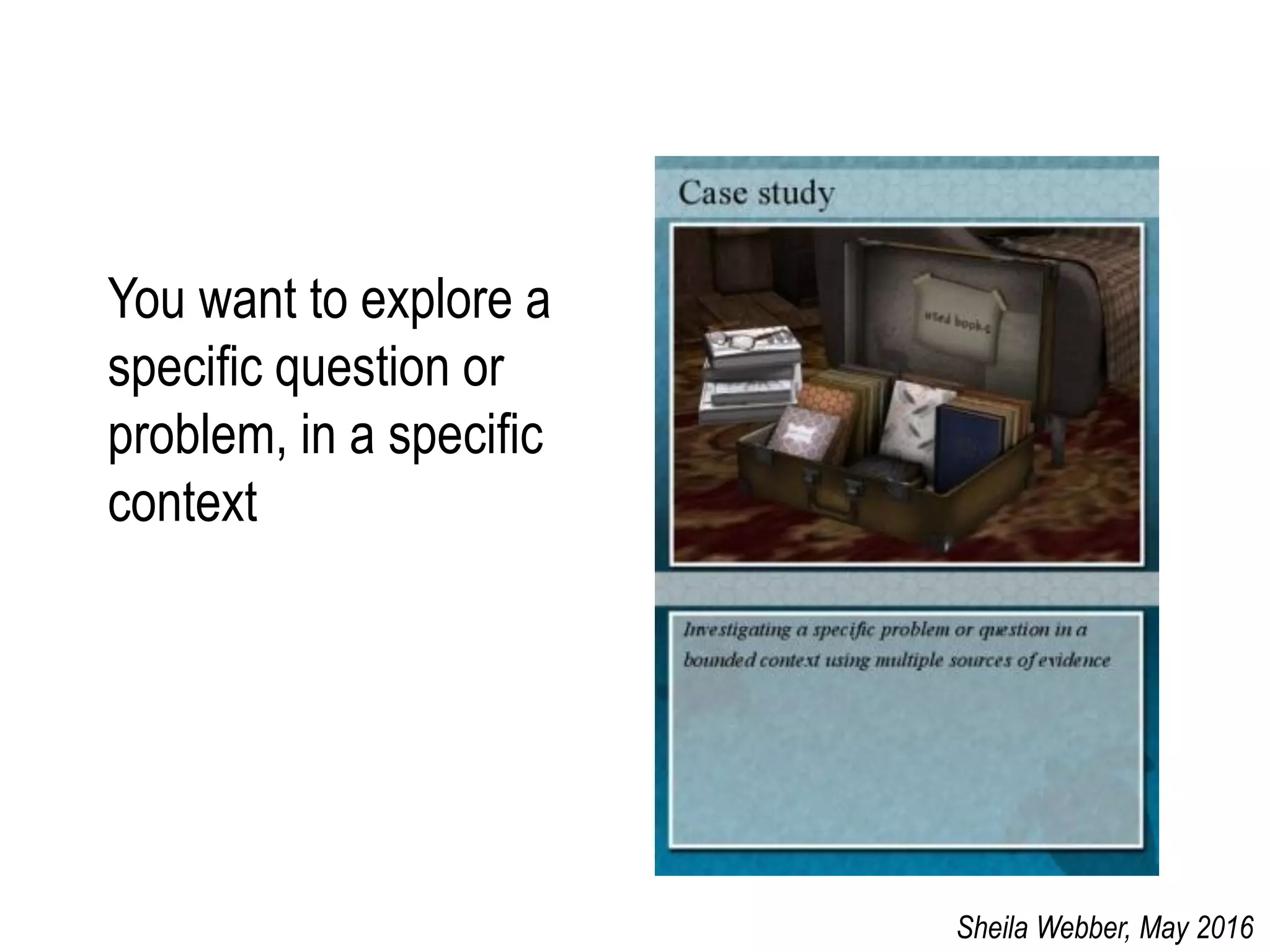 You want to explore a
specific question or
problem, in a specific
context
Sheila Webber, May 2016
 