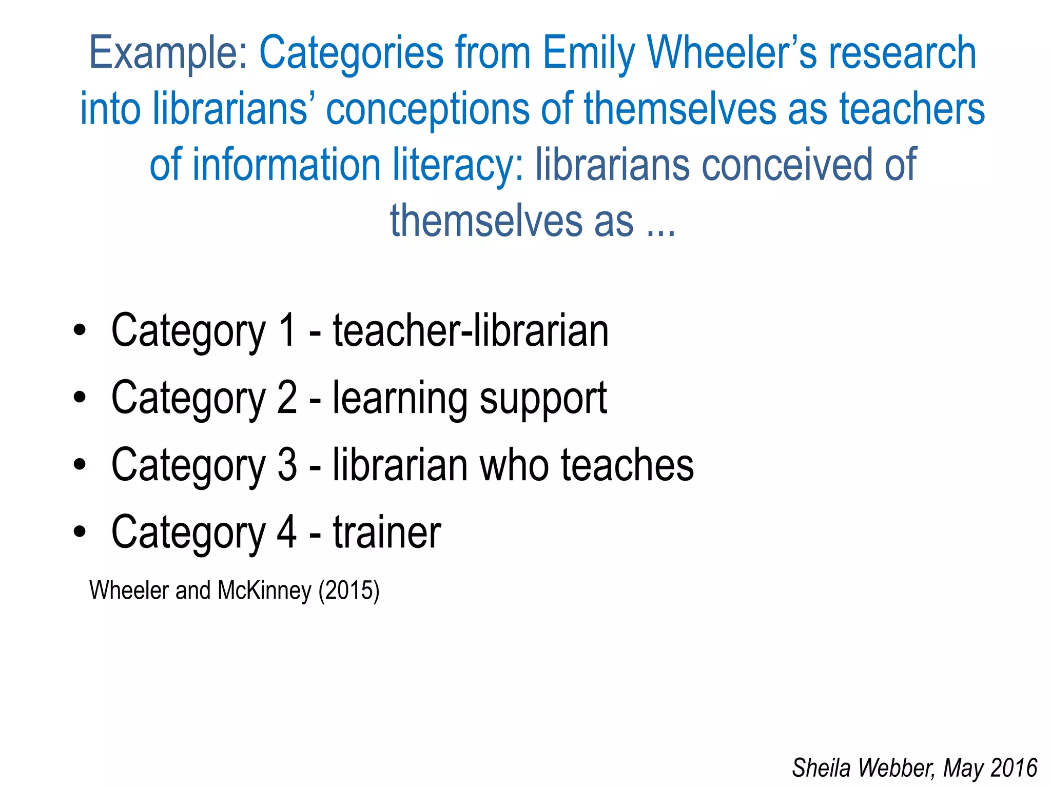 Example: Categories from Emily Wheeler’s research
into librarians’ conceptions of themselves as teachers
of information literacy: librarians conceived of
themselves as ...
• Category 1 - teacher-librarian
• Category 2 - learning support
• Category 3 - librarian who teaches
• Category 4 - trainer
Wheeler and McKinney (2015)
Sheila Webber, May 2016
 