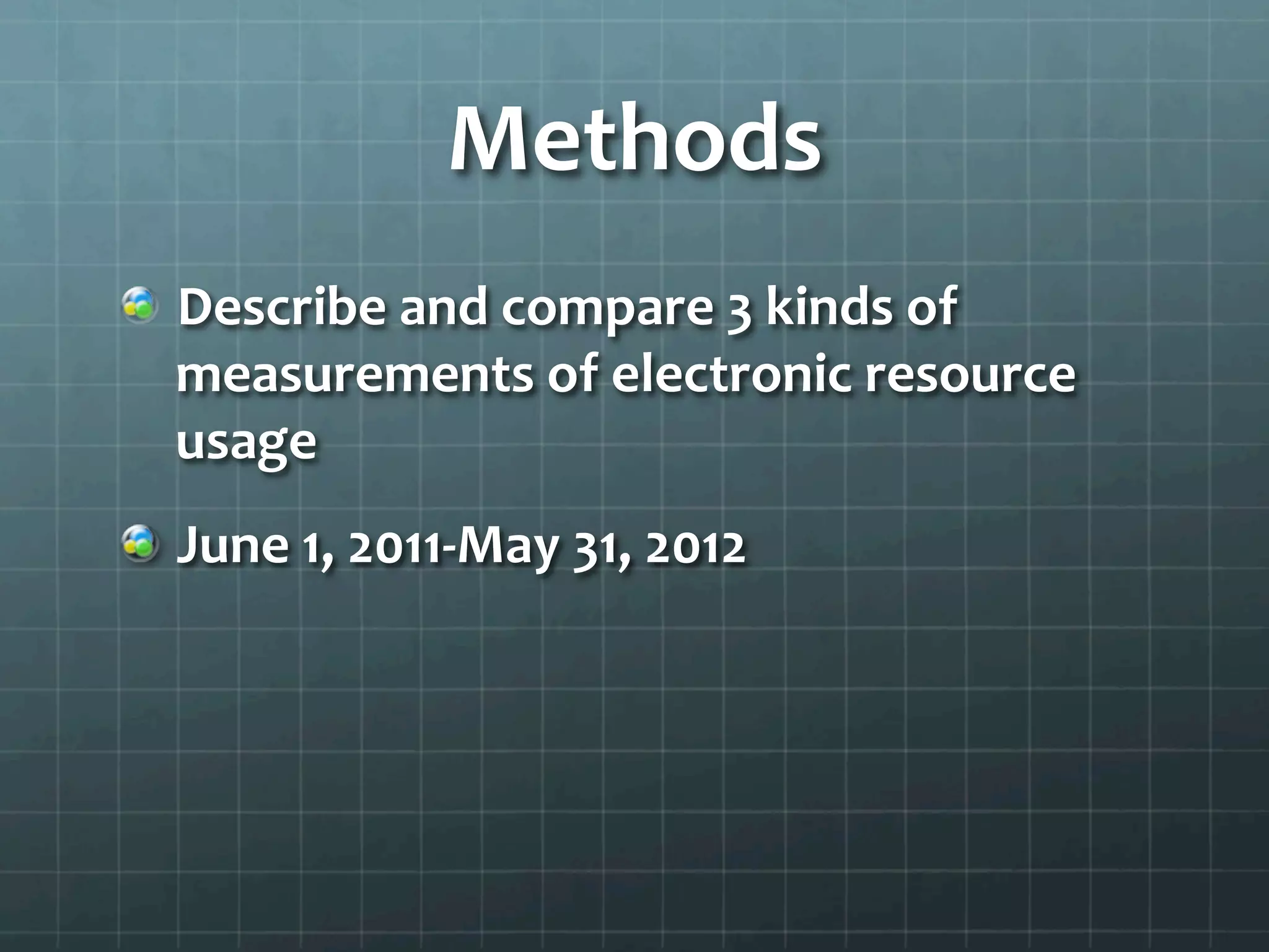 Methods	
  
!   Describe	
  and	
  compare	
  3	
  kinds	
  of	
  
measurements	
  of	
  electronic	
  resource	
  
usage	
  
!   June	
  1,	
  2011-­‐May	
  31,	
  2012	
  
 