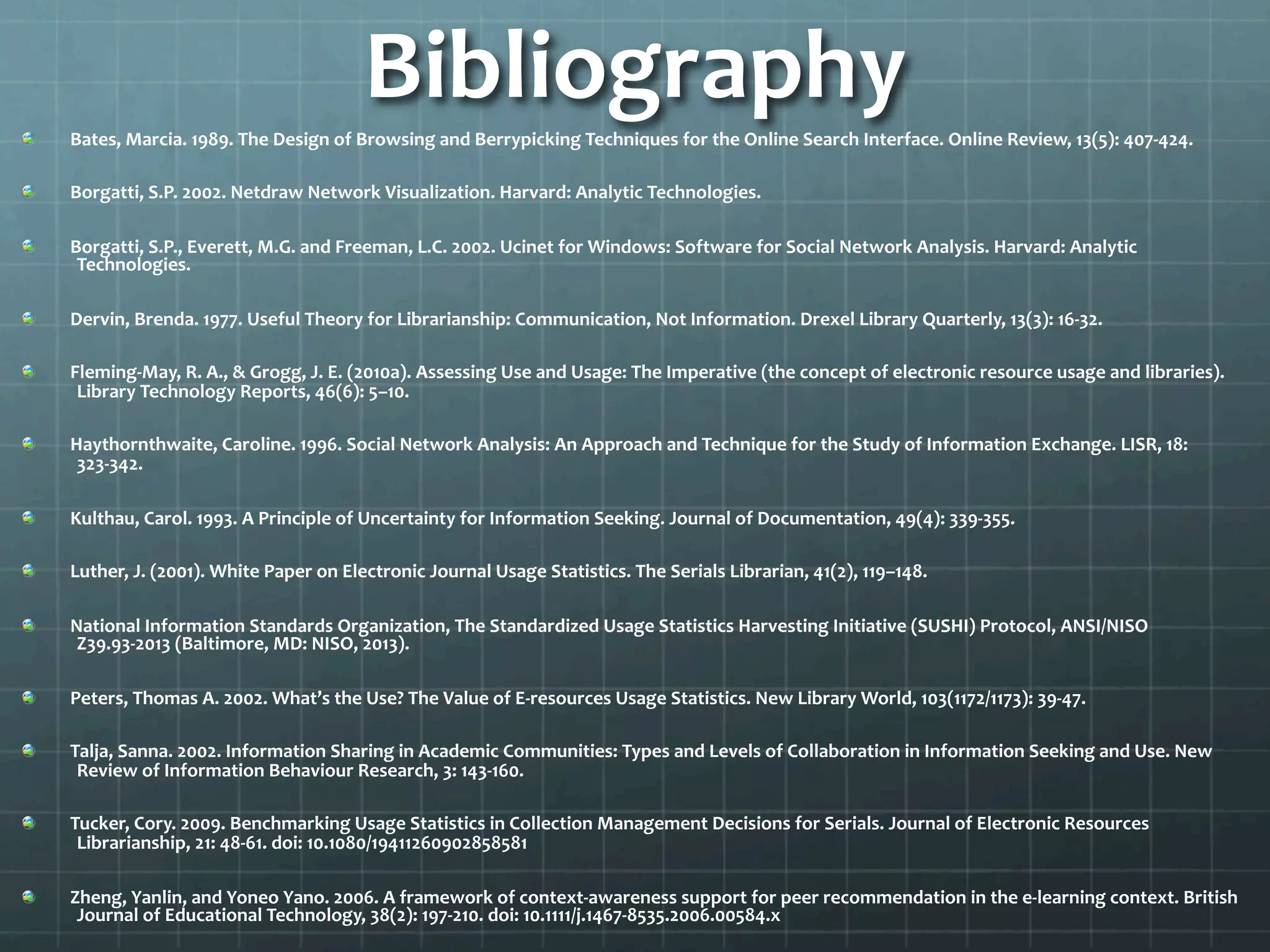 Bibliography	
  !  Bates,	
  Marcia.	
  1989.	
  The	
  Design	
  of	
  Browsing	
  and	
  Berrypicking	
  Techniques	
  for	
  the	
  Online	
  Search	
  Interface.	
  Online	
  Review,	
  13(5):	
  407-­‐424.	
  
! Borgatti,	
  S.P.	
  2002.	
  Netdraw	
  Network	
  Visualization.	
  Harvard:	
  Analytic	
  Technologies.	
  
! Borgatti,	
  S.P.,	
  Everett,	
  M.G.	
  and	
  Freeman,	
  L.C.	
  2002.	
  Ucinet	
  for	
  Windows:	
  Software	
  for	
  Social	
  Network	
  Analysis.	
  Harvard:	
  Analytic	
  
Technologies.	
  
! Dervin,	
  Brenda.	
  1977.	
  Useful	
  Theory	
  for	
  Librarianship:	
  Communication,	
  Not	
  Information.	
  Drexel	
  Library	
  Quarterly,	
  13(3):	
  16-­‐32.	
  
!  Fleming-­‐May,	
  R.	
  A.,	
  &	
  Grogg,	
  J.	
  E.	
  (2010a).	
  Assessing	
  Use	
  and	
  Usage:	
  The	
  Imperative	
  (the	
  concept	
  of	
  electronic	
  resource	
  usage	
  and	
  libraries).	
  
Library	
  Technology	
  Reports,	
  46(6):	
  5–10.	
  
! Haythornthwaite,	
  Caroline.	
  1996.	
  Social	
  Network	
  Analysis:	
  An	
  Approach	
  and	
  Technique	
  for	
  the	
  Study	
  of	
  Information	
  Exchange.	
  LISR,	
  18:	
  
323-­‐342.	
  
! Kulthau,	
  Carol.	
  1993.	
  A	
  Principle	
  of	
  Uncertainty	
  for	
  Information	
  Seeking.	
  Journal	
  of	
  Documentation,	
  49(4):	
  339-­‐355.	
  
!  Luther,	
  J.	
  (2001).	
  White	
  Paper	
  on	
  Electronic	
  Journal	
  Usage	
  Statistics.	
  The	
  Serials	
  Librarian,	
  41(2),	
  119–148.	
  
!  National	
  Information	
  Standards	
  Organization,	
  The	
  Standardized	
  Usage	
  Statistics	
  Harvesting	
  Initiative	
  (SUSHI)	
  Protocol,	
  ANSI/NISO	
  
Z39.93-­‐2013	
  (Baltimore,	
  MD:	
  NISO,	
  2013).	
  
!  Peters,	
  Thomas	
  A.	
  2002.	
  What’s	
  the	
  Use?	
  The	
  Value	
  of	
  E-­‐resources	
  Usage	
  Statistics.	
  New	
  Library	
  World,	
  103(1172/1173):	
  39-­‐47.	
  
! Talja,	
  Sanna.	
  2002.	
  Information	
  Sharing	
  in	
  Academic	
  Communities:	
  Types	
  and	
  Levels	
  of	
  Collaboration	
  in	
  Information	
  Seeking	
  and	
  Use.	
  New	
  
Review	
  of	
  Information	
  Behaviour	
  Research,	
  3:	
  143-­‐160.	
  
!  Tucker,	
  Cory.	
  2009.	
  Benchmarking	
  Usage	
  Statistics	
  in	
  Collection	
  Management	
  Decisions	
  for	
  Serials.	
  Journal	
  of	
  Electronic	
  Resources	
  
Librarianship,	
  21:	
  48-­‐61.	
  doi:	
  10.1080/19411260902858581	
  
! Zheng,	
  Yanlin,	
  and	
  Yoneo	
  Yano.	
  2006.	
  A	
  framework	
  of	
  context-­‐awareness	
  support	
  for	
  peer	
  recommendation	
  in	
  the	
  e-­‐learning	
  context.	
  British	
  
Journal	
  of	
  Educational	
  Technology,	
  38(2):	
  197-­‐210.	
  doi:	
  10.1111/j.1467-­‐8535.2006.00584.x	
  
 
