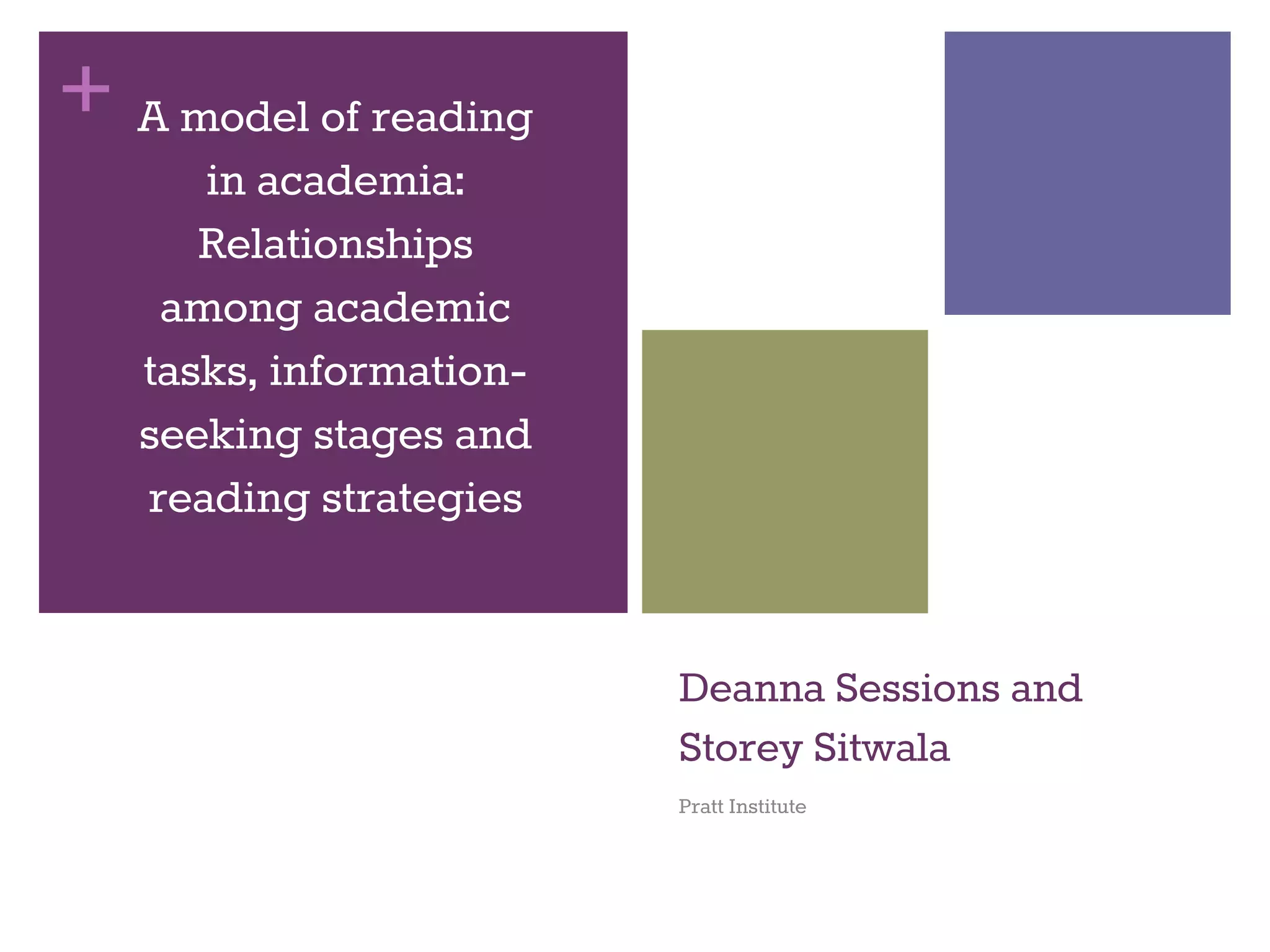 + 
Deanna Sessions and 
Storey Sitwala 
Pratt Institute 
A model of reading 
in academia: 
Relationships 
among academic 
tasks, information-seeking 
stages and 
reading strategies 
 