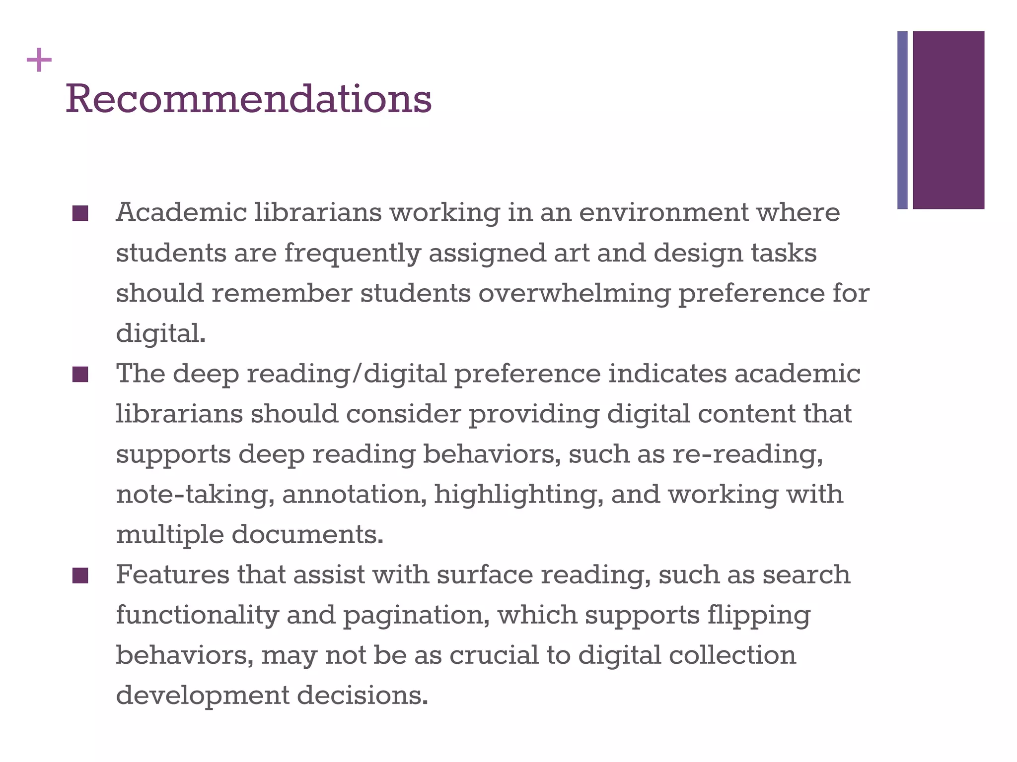 + 
Recommendations 
■ Academic librarians working in an environment where 
students are frequently assigned art and design tasks 
should remember students overwhelming preference for 
digital. 
■ The deep reading/digital preference indicates academic 
librarians should consider providing digital content that 
supports deep reading behaviors, such as re-reading, 
note-taking, annotation, highlighting, and working with 
multiple documents. 
■ Features that assist with surface reading, such as search 
functionality and pagination, which supports flipping 
behaviors, may not be as crucial to digital collection 
development decisions. 
 