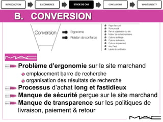 INTRODUCTION E-COMMERCE CONCLUSIONS WHAT’S NEXT?
Problème d’ergonomie sur le site marchand
emplacement barre de recherche
organisation des résultats de recherche
Processus d’achat long et fastidieux
Manque de sécurité perçue sur le site marchand
Manque de transparence sur les politiques de
livraison, paiement & retour
 