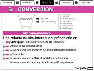 INTRODUCTION E-COMMERCE CONCLUSIONS WHAT’S NEXT?
Une refonte du site Internet est préconisée en
insistant sur:Changement emplacement barre de recherche
Affichage du tunnel d’achat
Mise en avant des mesures de sécurisation des données
personnelles
Mise en avant des délais et modalités de livraison
Mise en avant des modes et de la sécurité de paiement
 
